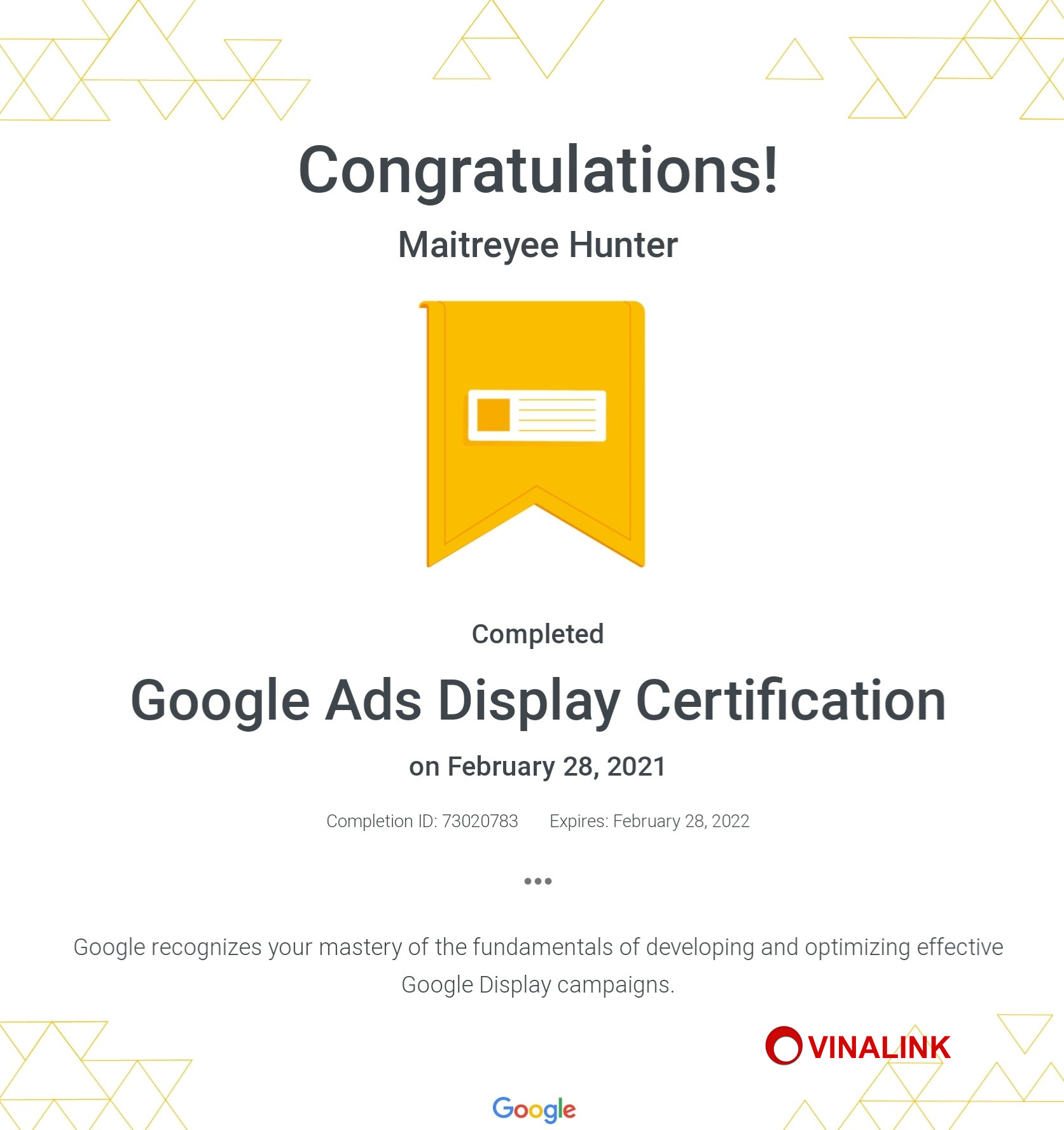 Chứng chỉ google ads display certification